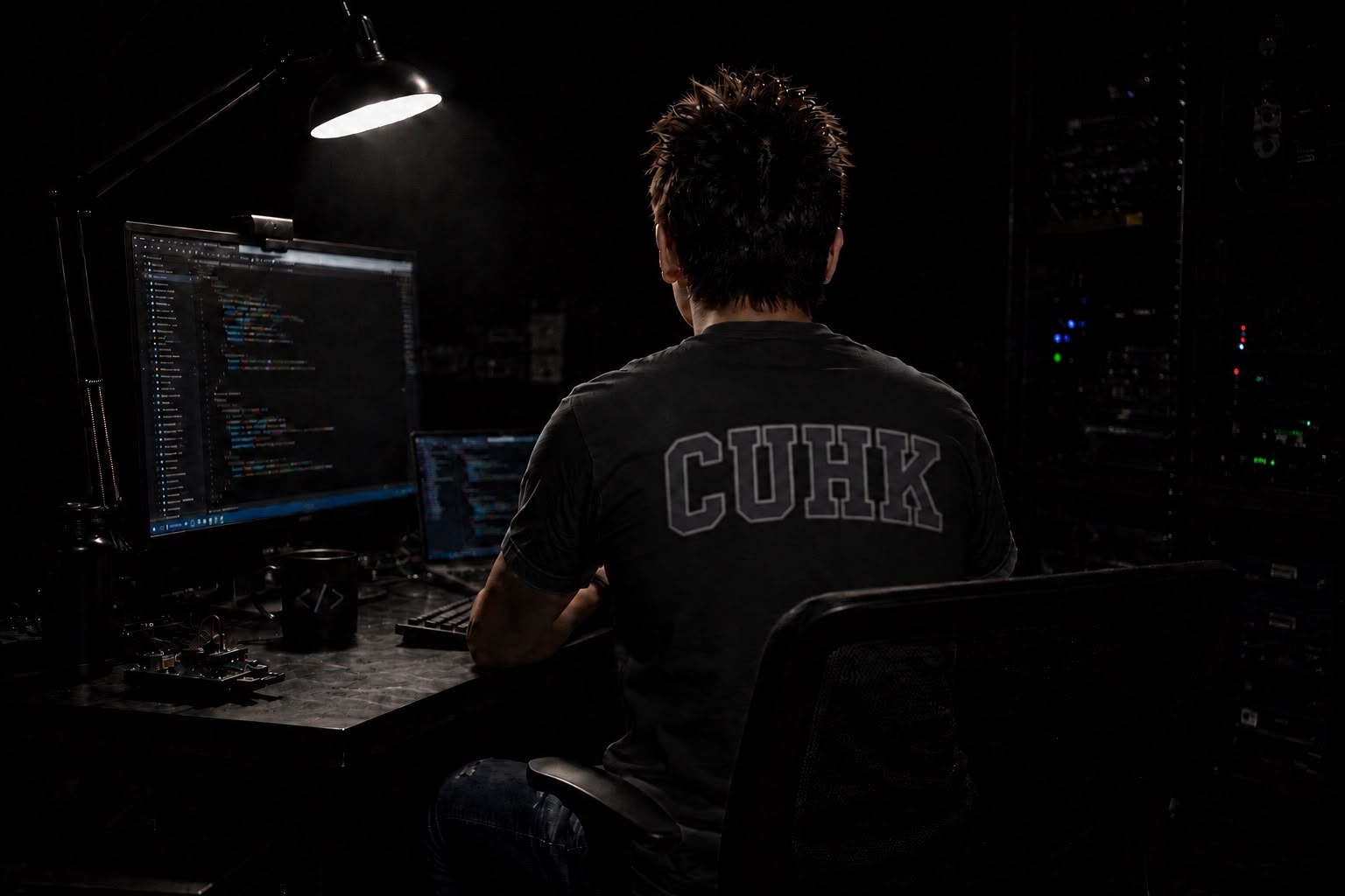AJ working late at his desk, wearing a CUHK t-shirt, coding in front of dual monitors